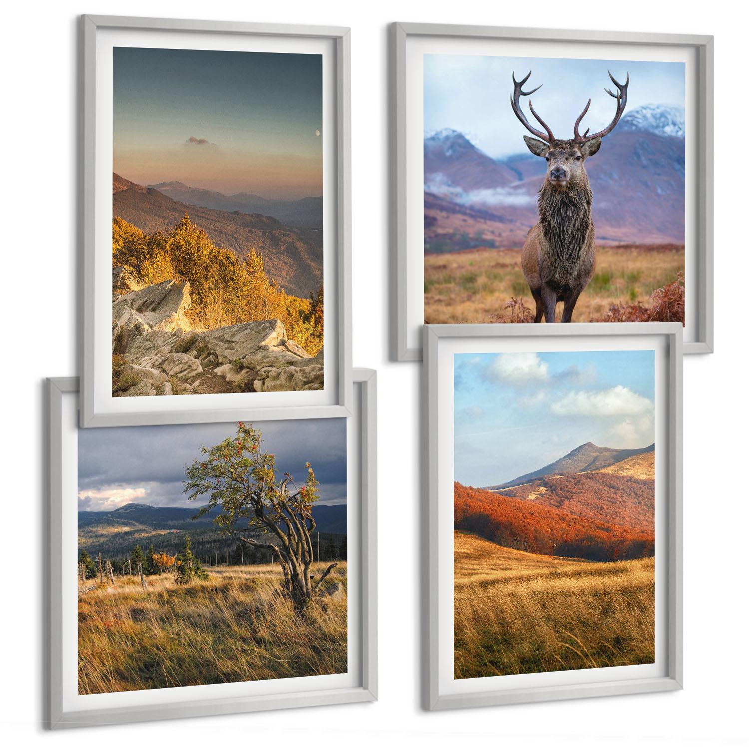 BILDER SET 4er Set - 50x50 cm & 40x60 cm Silberner Rahmen - Berglandschaften, Hirschgras - Silberfarben, Kunststoff (50/50cm) - TULUP