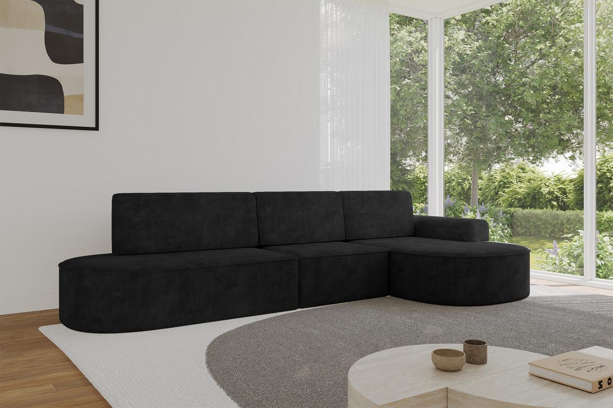 ECKSOFA mit Schlaffunktion Ottomane RECHTS MARI L2-S 368X167X85 Schwarz Velours - Schwarz, Holzwerkstoff/Kunststoff (167/368cm) - ALTDECOR