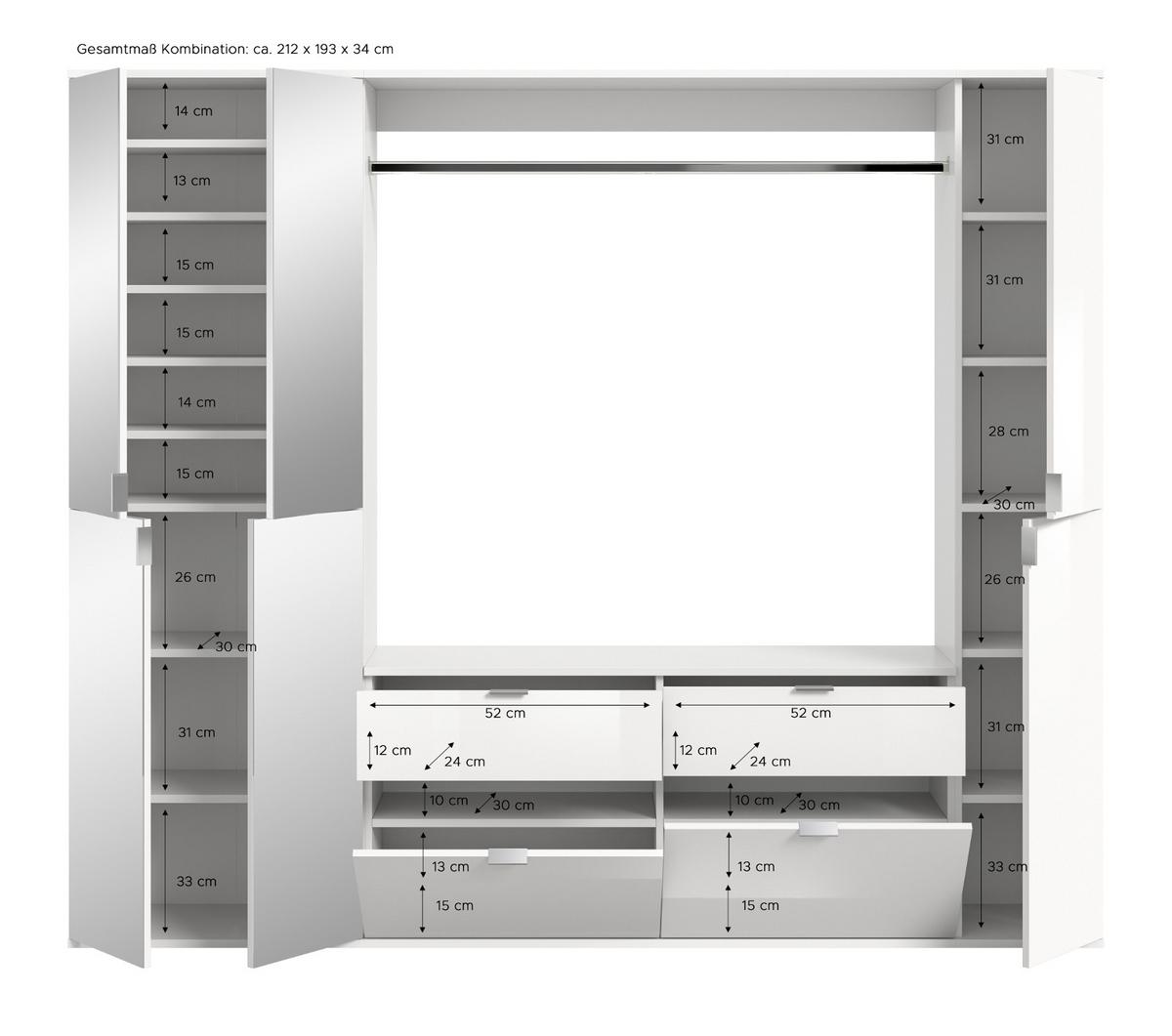 GARDEROBEN-SET Eiche 212 cm, Komplett Garderobe mit Spiegel und viel Stauraum - Schwarz/Eiche Artisan, Glas/Holzwerkstoff (212/193/34cm) - Inn.Furn