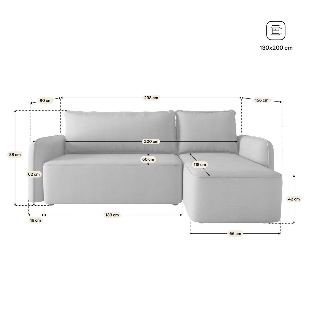 ECKSOFA DOLVER Hellgrau Plüsch-Stoff mit Schlaffunktion - Hellgrau, Holz (238/156cm) - MASSENO