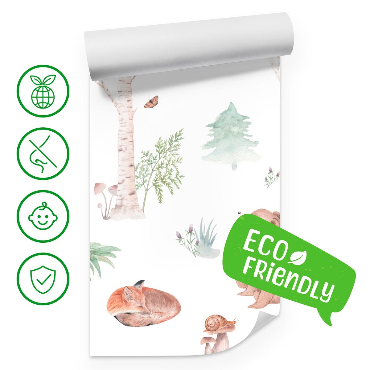 FOTOTAPETE für Kinderzimmer Wilde Waldtiere Aquarell Bäume 350x256 - Orange/Braun, Papier (350/256cm) - Muralo