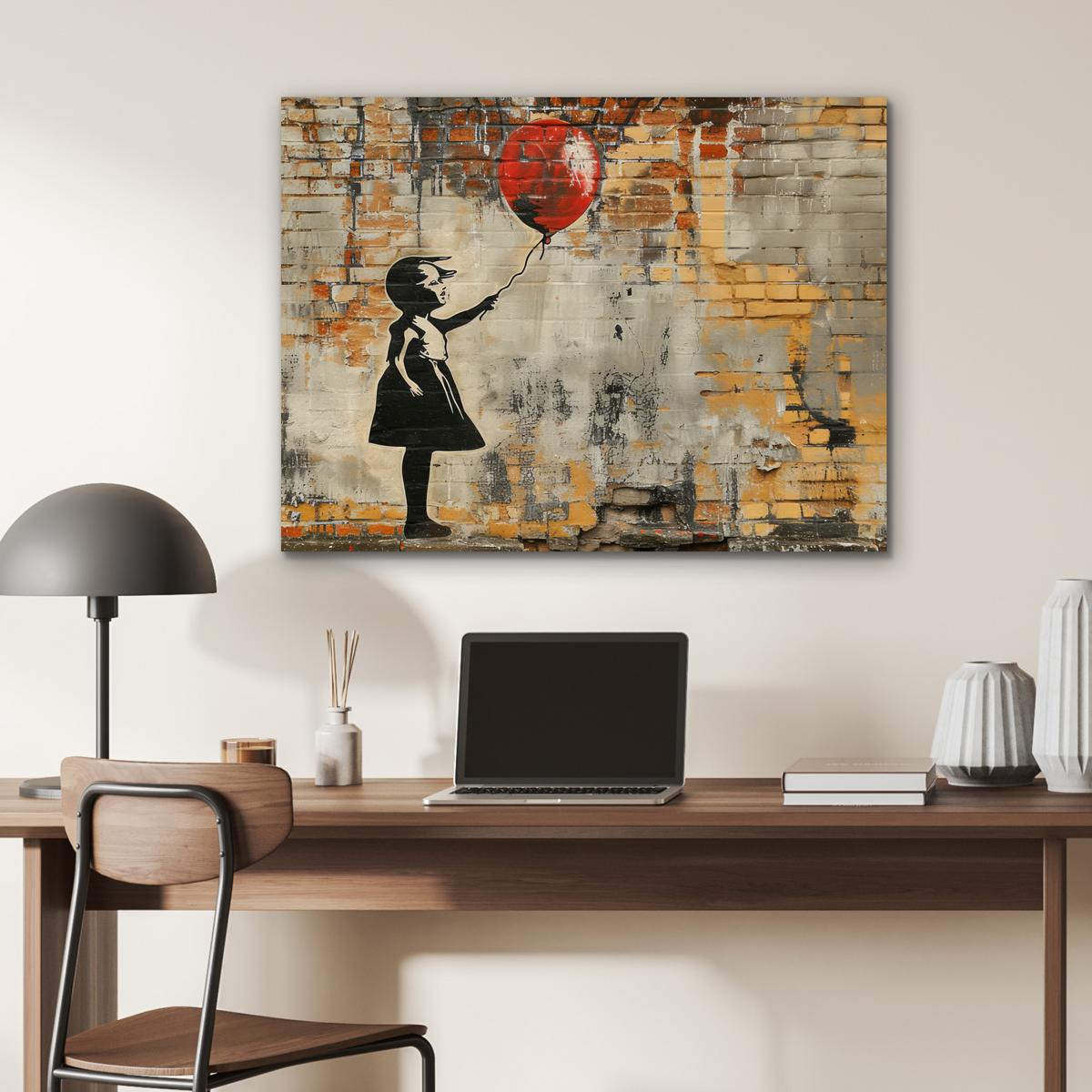 METALLBILD Graffiti - Banksy - Mädchen - Straßenkunst 80x60 cm - Sandfarben, Metall (80/60cm) - MuchoWow