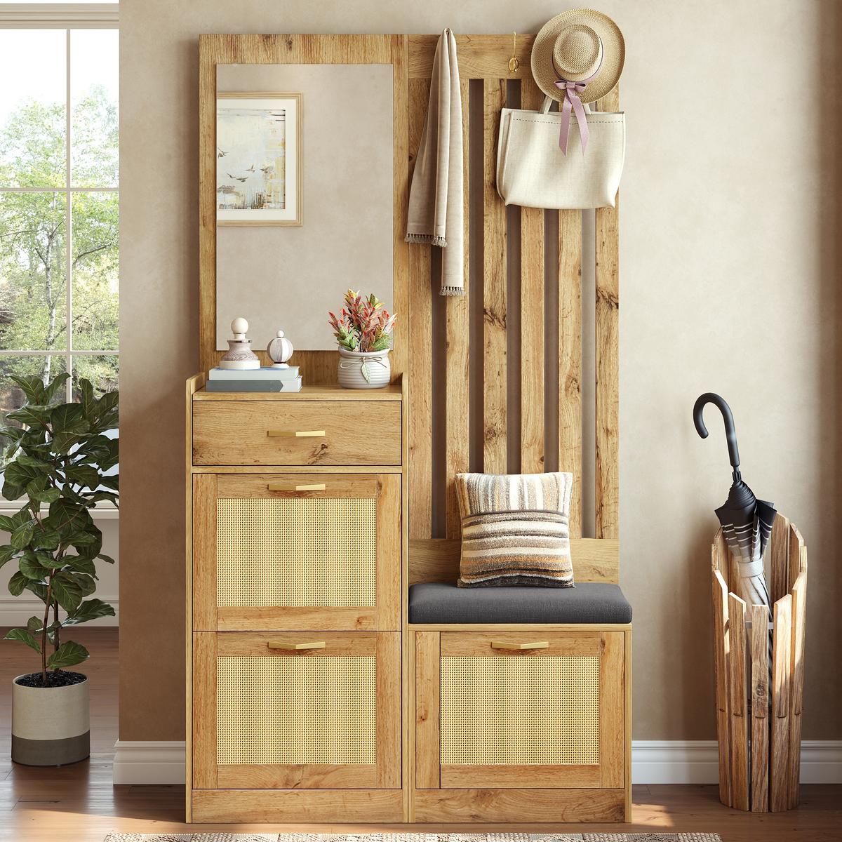 GARDEROBE 100cm Natur & Rattanoptik mit Schuhkipper, Spiegel & Sitzbank - Naturfarben, Holzwerkstoff (99.5/180/26cm) - Urban Meuble