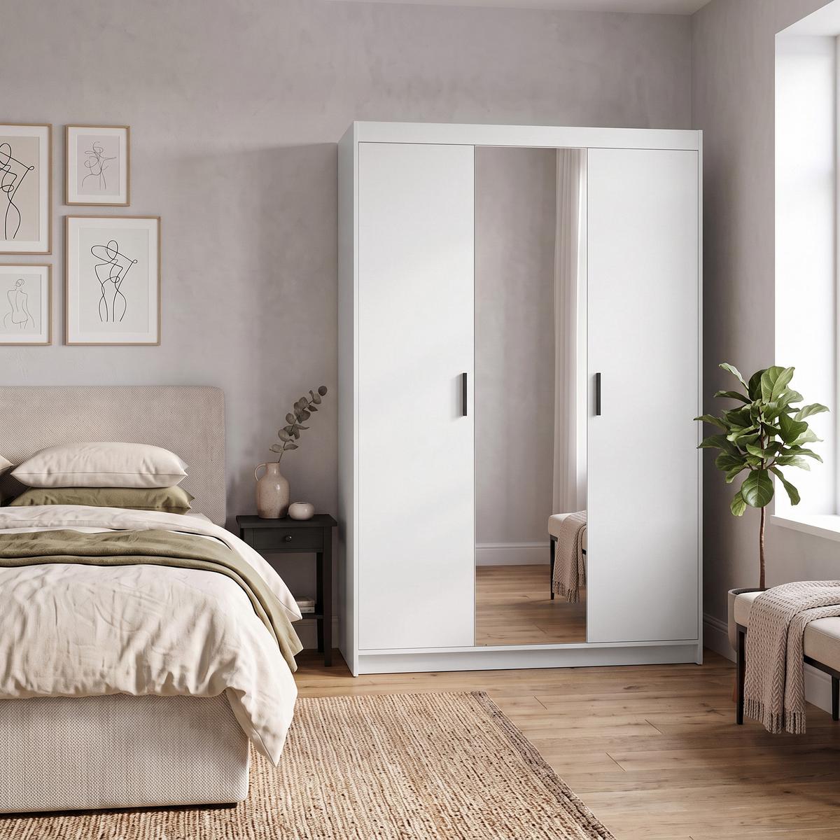 DREHTÜRENSCHRANK Elena mit 3 Türen, mit Spiegel, Weiß - Weiß, Holzwerkstoff (130/190/53cm) - Beautysofa