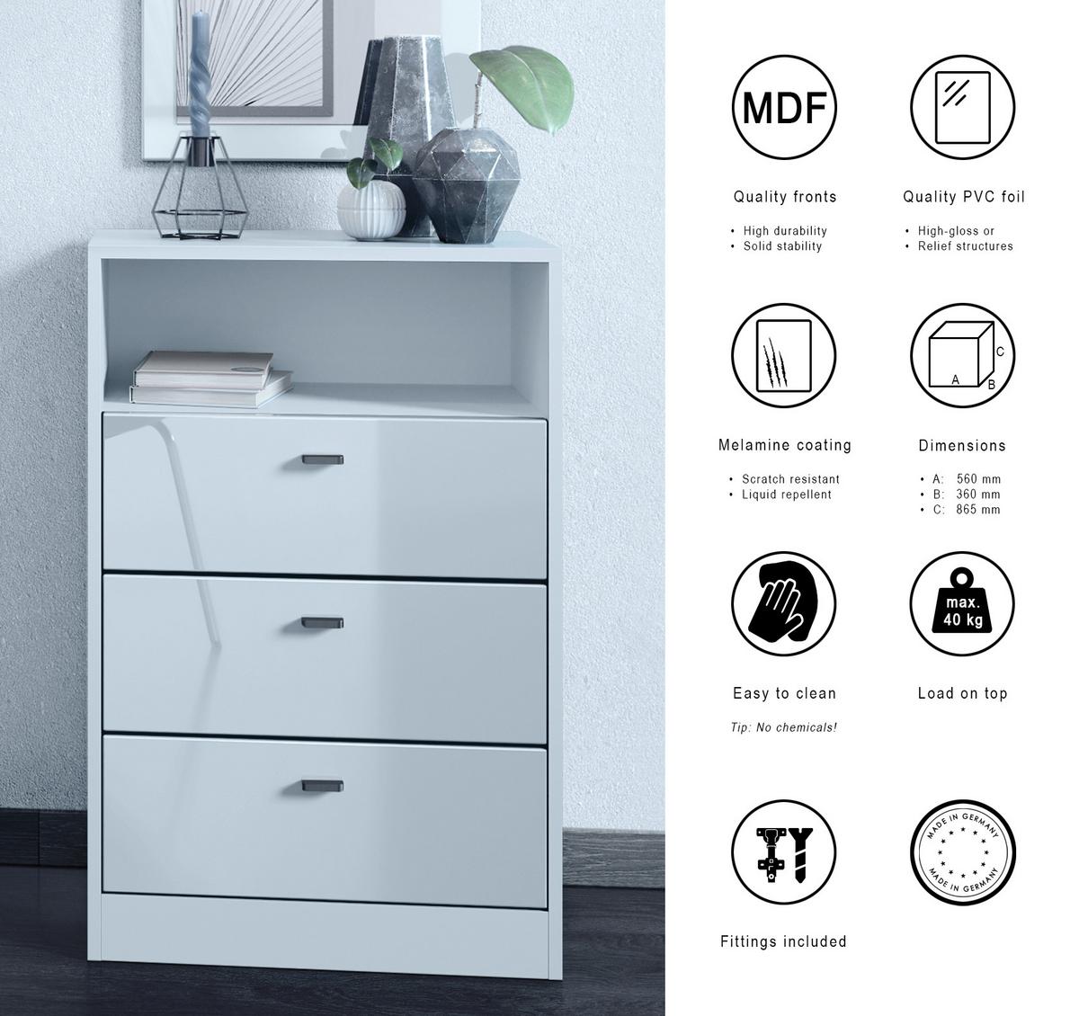 KOMMODE Pino Fronten in Grau Hochglanz - Grau, Holzwerkstoff (56/86.5/36cm) - Vladon