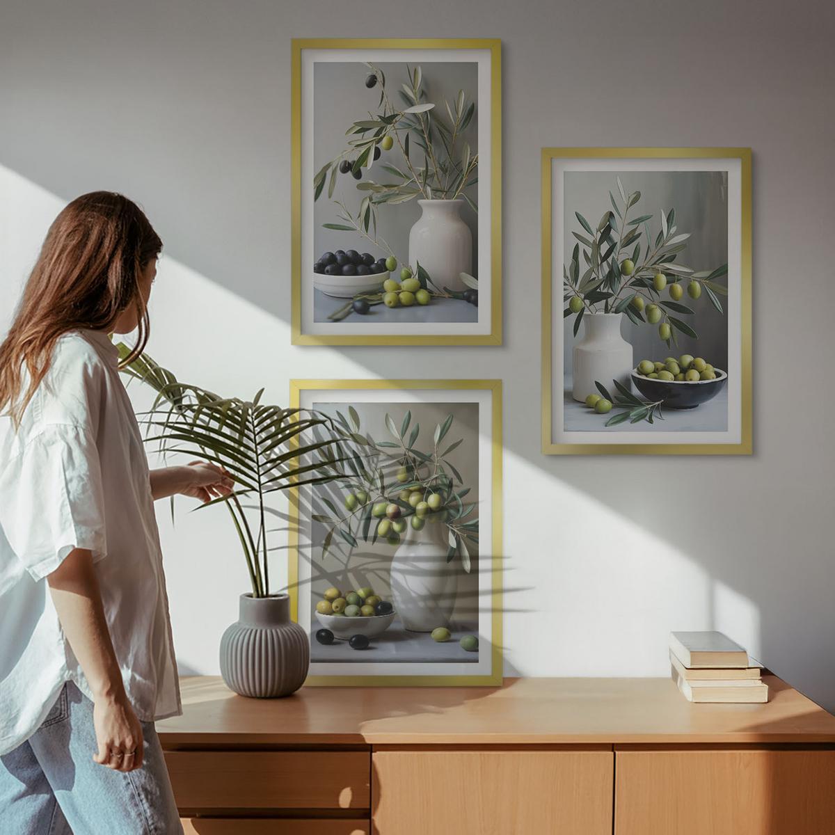 BILDER SET 3er Set - 40x60 cm Goldrahmen - Oliven in grauen Vasen - Goldfarben, Kunststoff (40/60cm) - TULUP