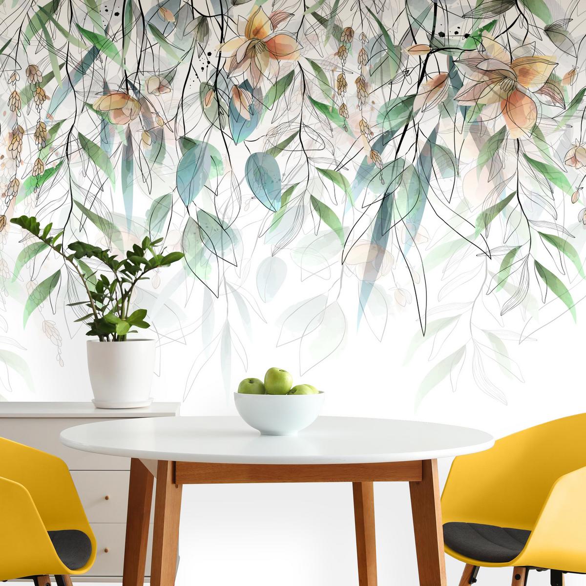FOTOTAPETE für Esszimmer Blätter Abstraktion 300x210 - Orange/Weiß, Papier (300/210cm) - Muralo