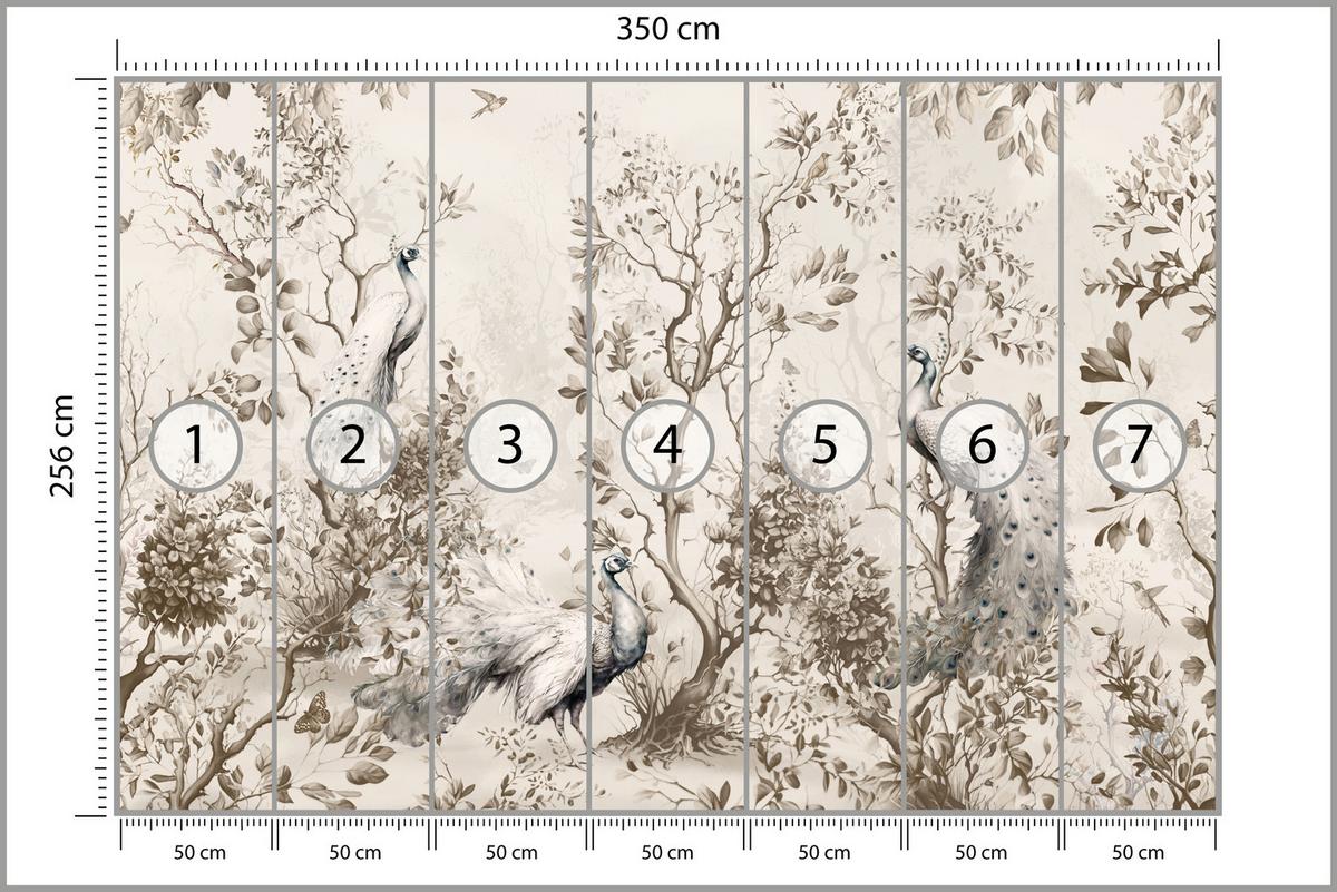 FOTOTAPETE für Wohnzimmer Pfauen Zwischen Bäumen Büsche Blätter 350x256 - Beige, Papier (350/256cm) - Muralo