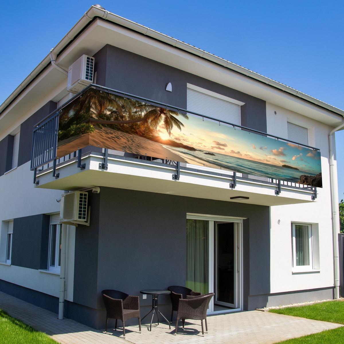 BALKON-SICHTSCHUTZ Strand - Palmen - Meer - Sonnenuntergang Groß 500x90 cm - Samtahornfarben, Kunststoff (500/90cm) - MuchoWow