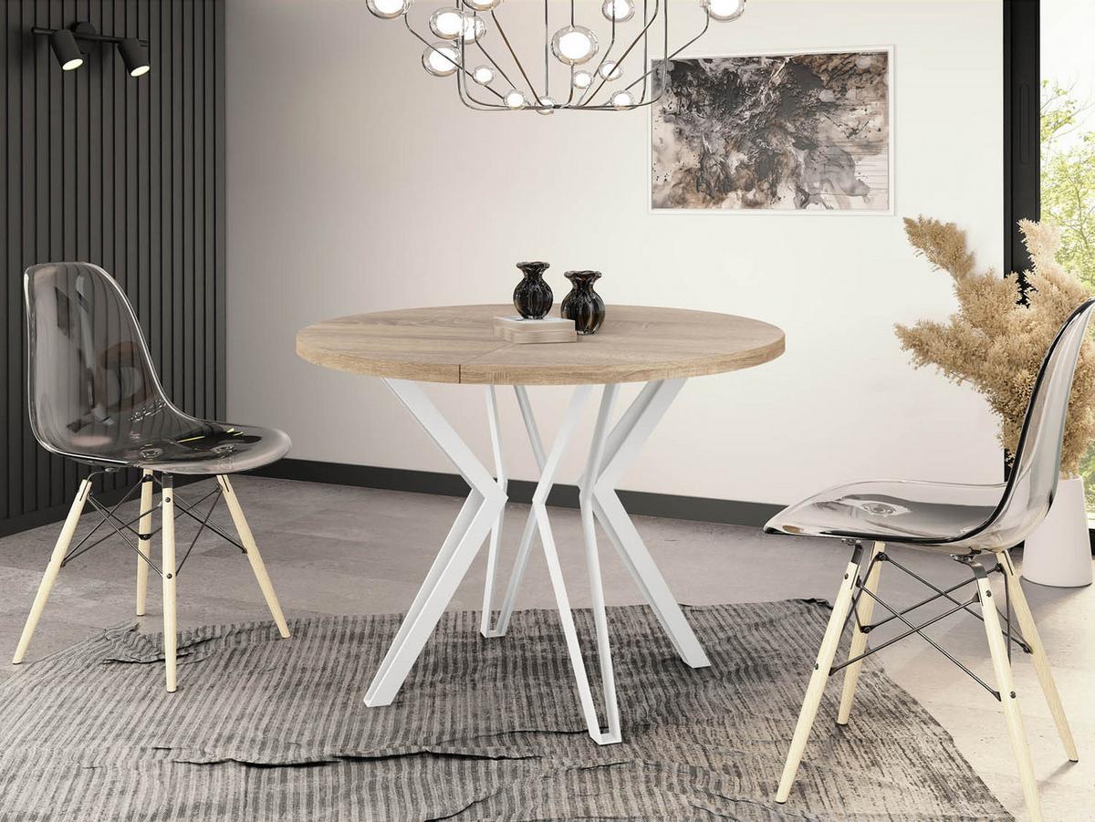 ESSTISCH Austin runder ausziehbarer, Sonoma Eiche 120-200/100/76 cm - Weiß/Sonoma Eiche, Holzwerkstoff/Metall (120/200/76cm) - WFL GROUP