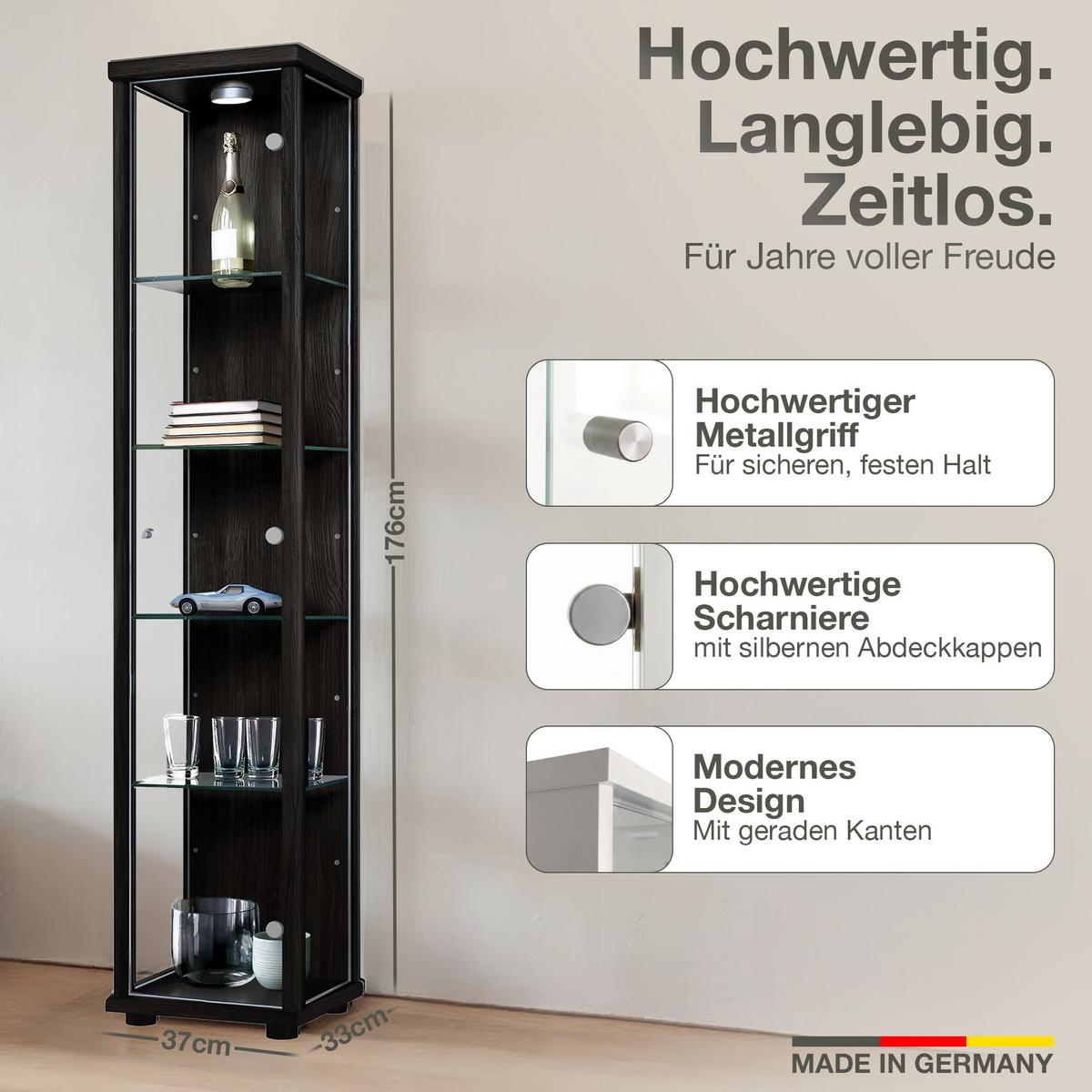 GLASVITRINE 33/37/176 cm mit LED & 4 höhenverstellbaren Glasböden - Transparent/Silberfarben, Glas/Holzwerkstoff (37/176/33cm) - K-Möbel