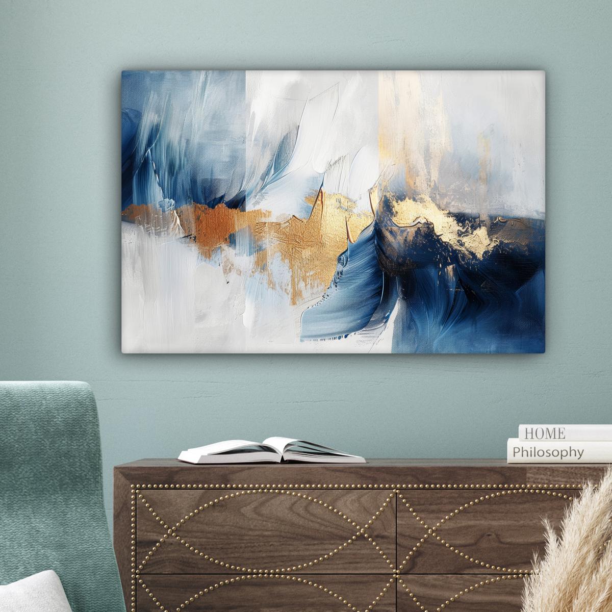 LEINWANDBILD Gold - Blau - Aquarell - Kunst - Modern Gemälde 60x40 cm - Hellblau, Textil (60/40cm) - MuchoWow