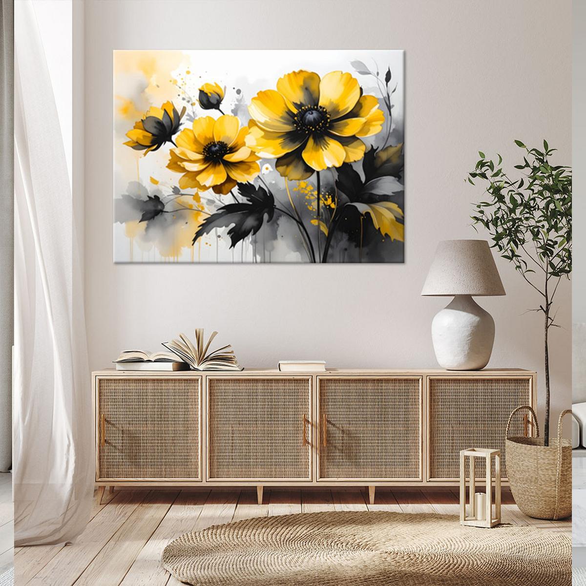 LEINWANDBILD, Gelbe Blumen in einer eleganten schwarz-goldenen Komposition - Gelb, Textil (120/80cm) - Feeby