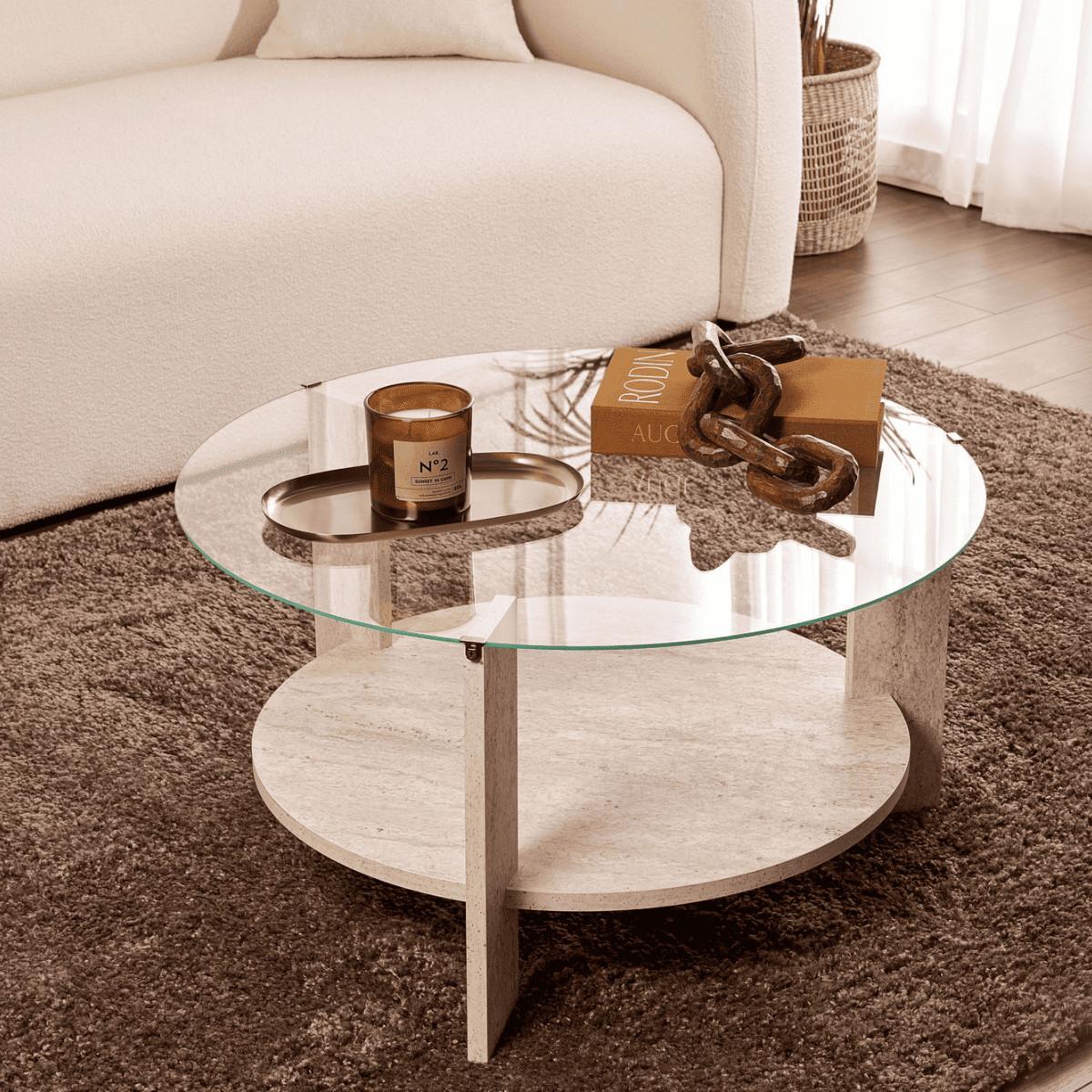 COUCHTISCH mit 2 Platten, davon eine aus gehärtetem Glas 75/75/40 cm - Beige, Holzwerkstoff (7.5/75/40cm) - Calicosy