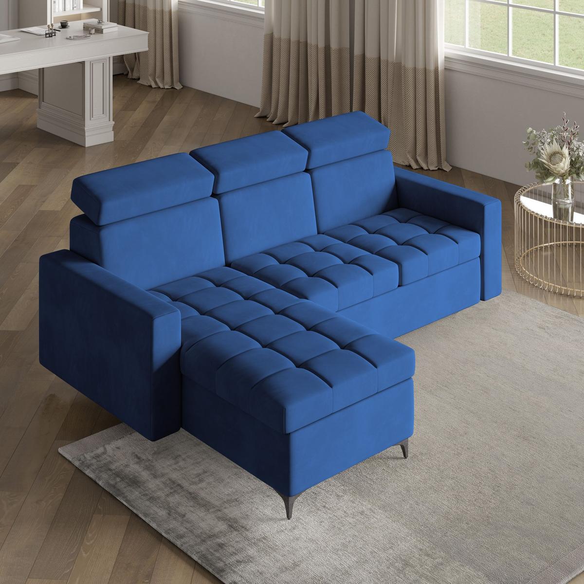 ECKSOFA KAME Blau Plüsch-Stoff mit Schlaffunktion - Blau/Schwarz, Holz/Textil (227/168cm) - MASSENO