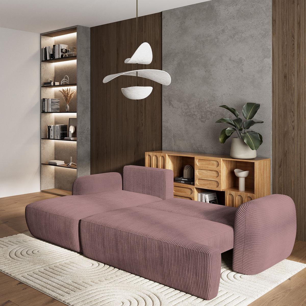 ECKSOFA MODENZA P L-S Lila Kordstoff mit Schlaffunktion - Lila/Schwarz, Holz/Kunststoff (266/148cm) - MASSENO