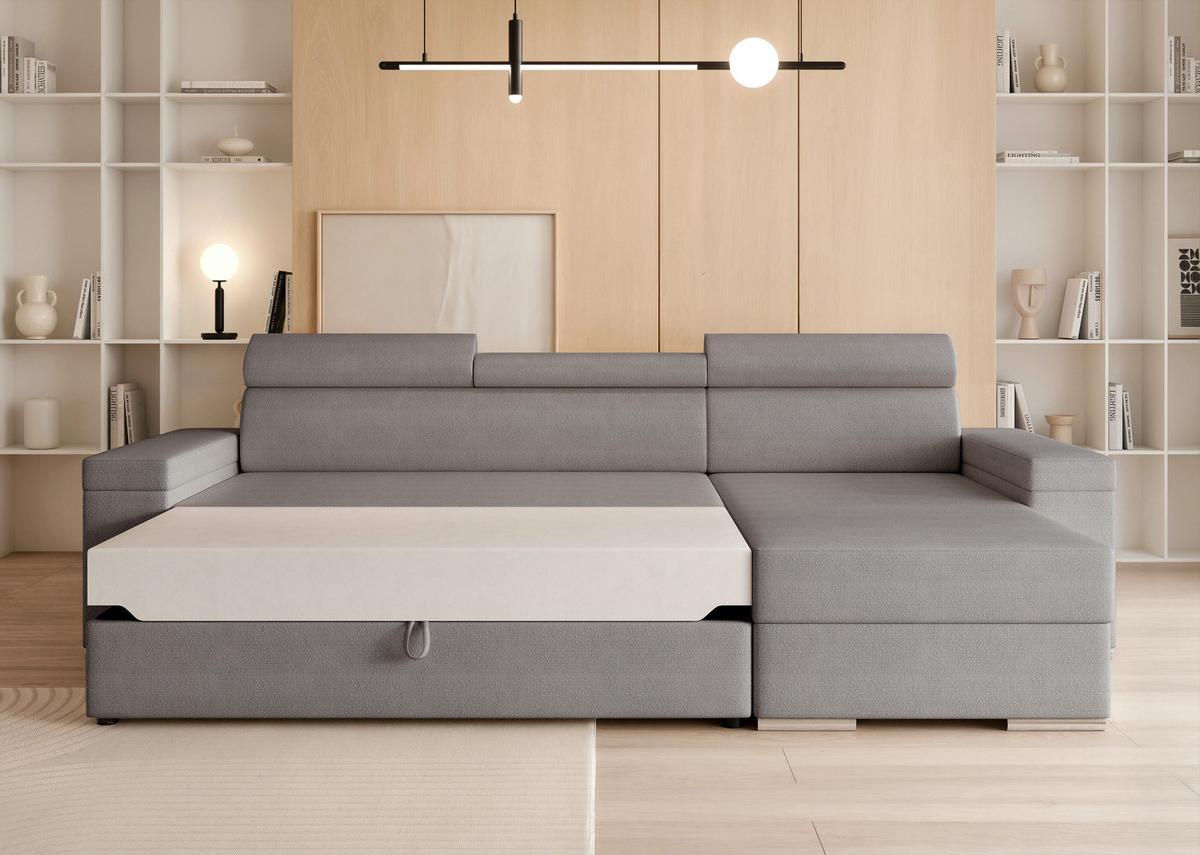ECKSOFA AISHA Rechts mit Schlaffunktion und Bettkasten Grau - Chromfarben/Grau, Kunststoff/Textil (250/130cm) - Idohome