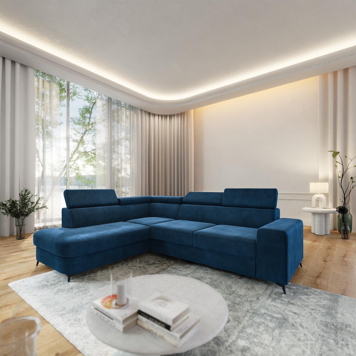 ECKSOFA ALVORO L-S Blau Velours-Stoff mit Schlaffunktion - Blau, Holz (253/190cm) - MASSENO