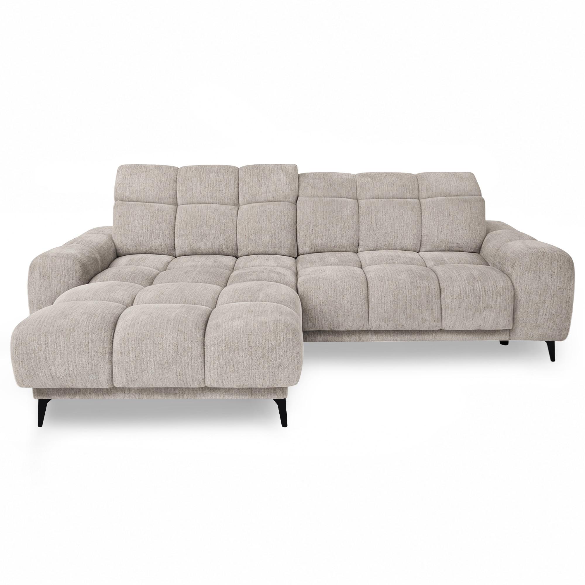 ECKSOFA Marco Mini mit elektrisch ausfahrbarem Sitz und verstellbaren Kopfstützen, Links, Chenille-Stoff, Beige - Beige/Schwarz, Textil (275/182cm) - Beautysofa