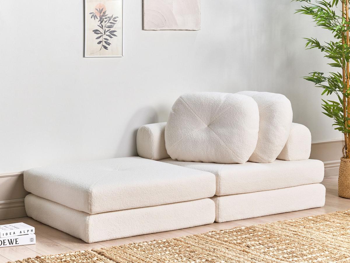 1-SITZER BODENSOFA Bouclé weiß mit Schlaffunktion Olden - Weiß, Textil (81/54/91cm) - Beliani