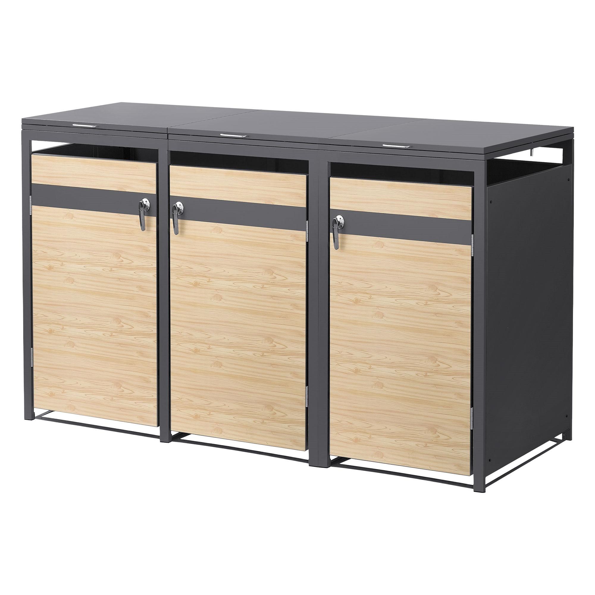 MÜLLTONNENBOX 3er Anthrazit-Holzoptik - Hellbraun, Metall (200/120/80cm) - ML-DESIGN