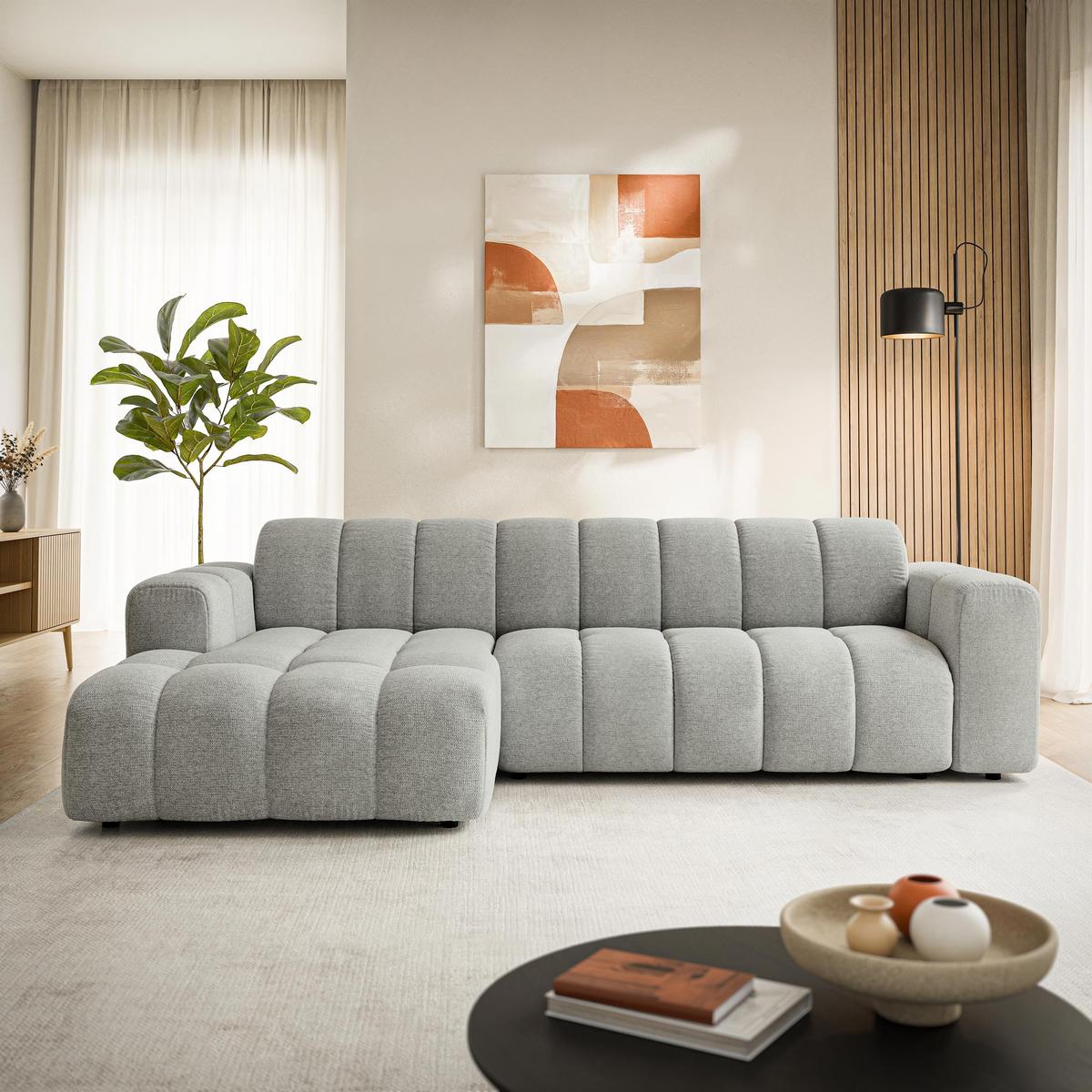 ECKSOFA SETIA Hellgrau Strukturstoff mit Schlaffunktion - Hellgrau, Holz (304/165cm) - MASSENO