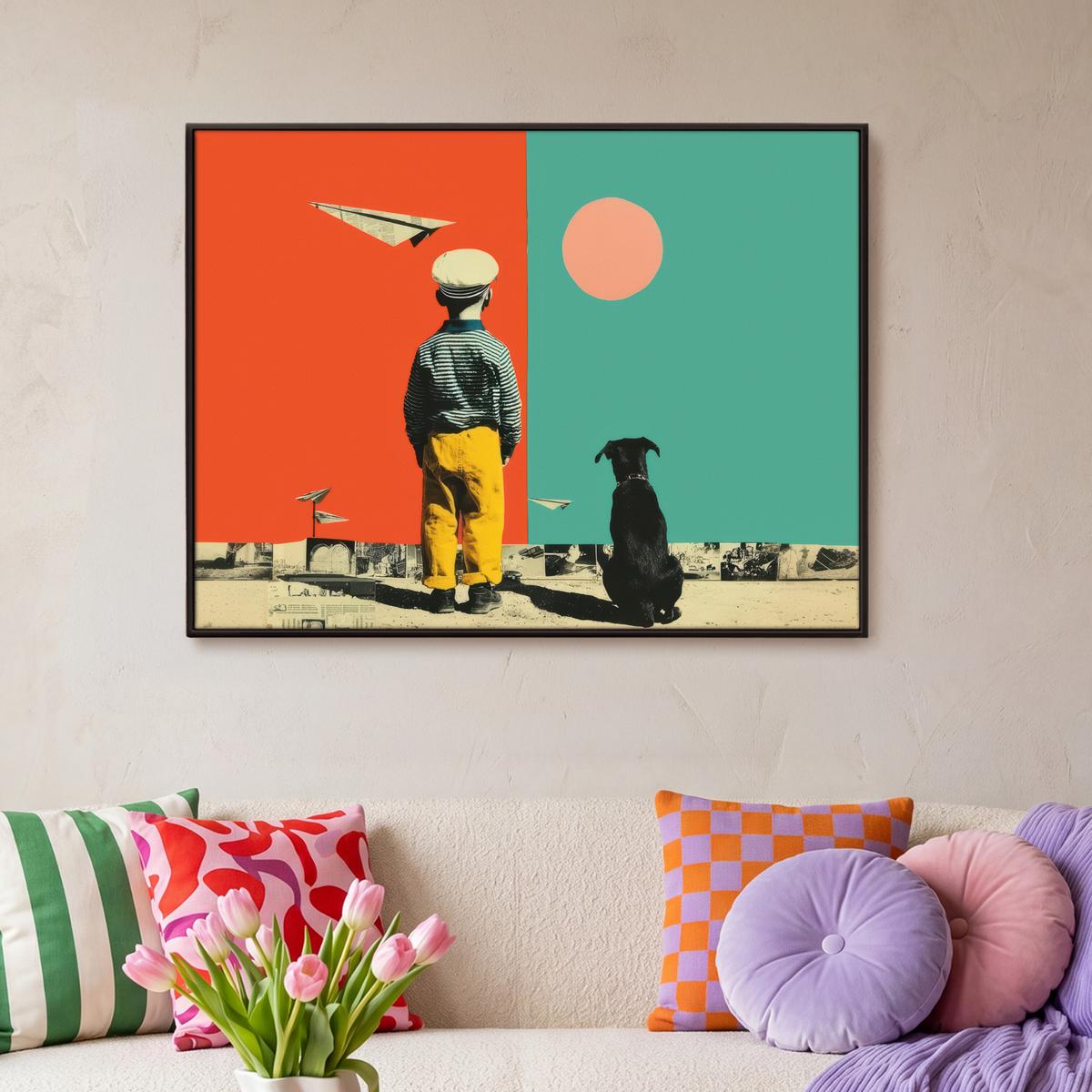 LEINWAND Bilder mit Rahmen - Retro - Junge - Hund - Rot - Grün - 100x70 - Orange, Textil (100/70cm) - MuchoWow
