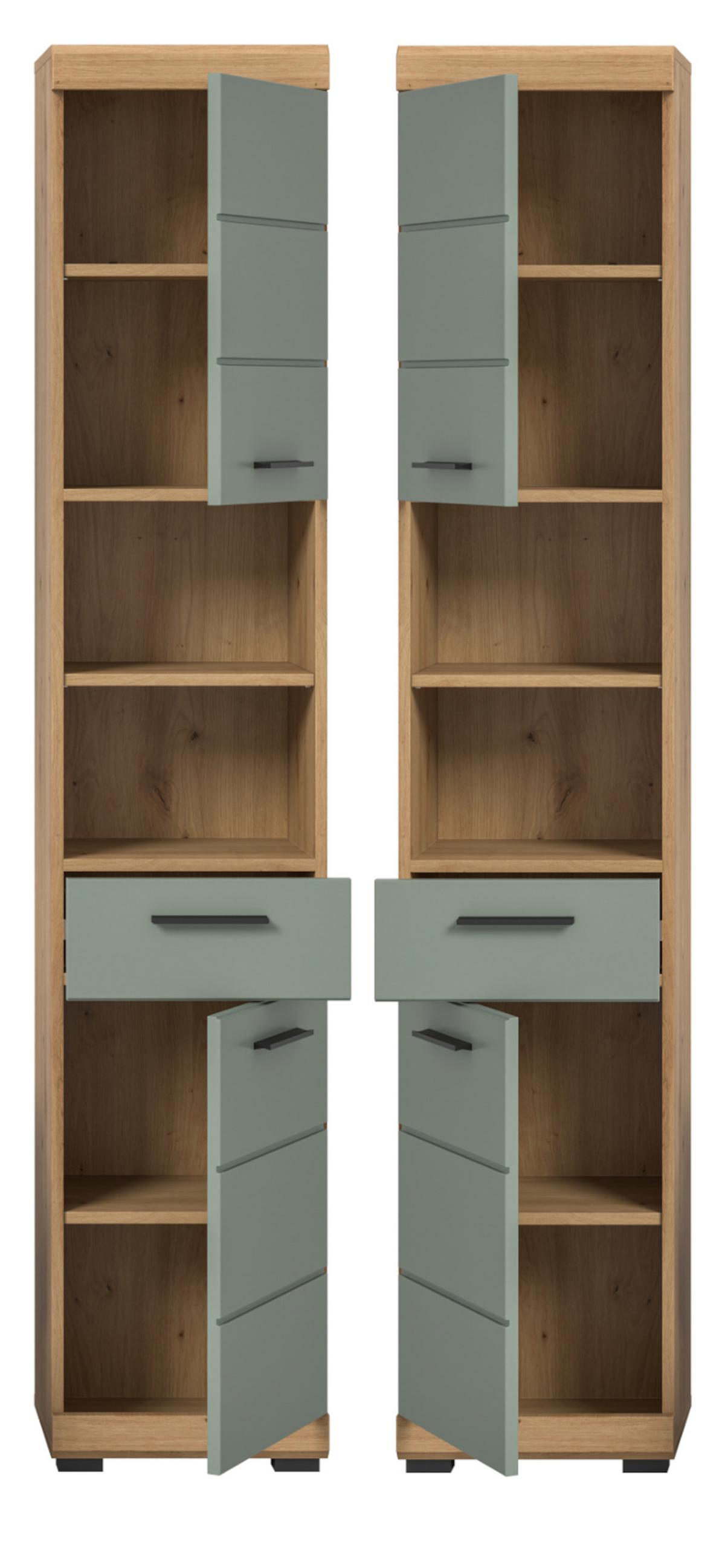 HOCHSCHRANK Salbei grün, Eiche Artisan 37 cm, Badschrank mit 6 Fächern - Salbeigrün/Schwarz, Holzwerkstoff/Kunststoff (37/191/31cm) - Inn.Furn