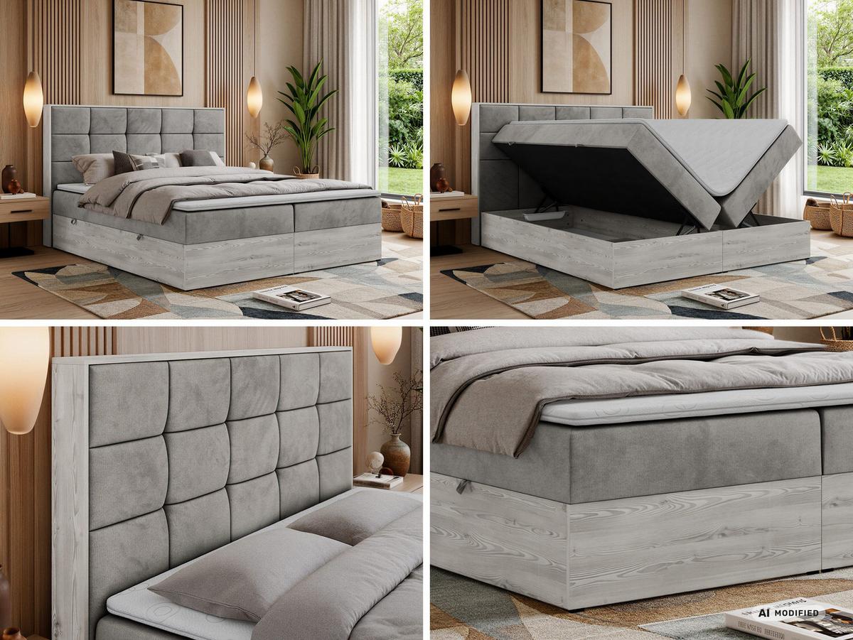 BOXBETT ALNOR 140/200 Hellgrau Velvet - Topper T25 - H3 - Hellgrau/Schwarz, Kunststoff/Textil (140/200cm) - MKS