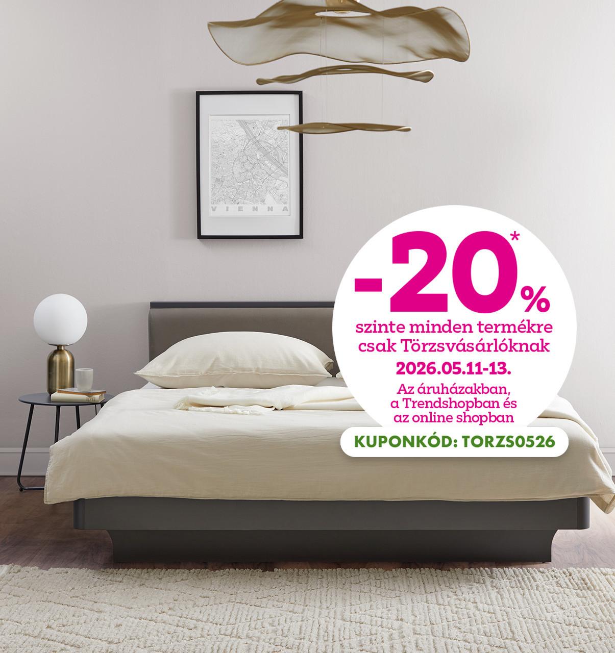 -20% szinte minden termékre csak Törzsvásárlóknak 2026.05.11-13. között az áruházakban, a Trendshopban és az online shopban! Online vásárlásnál használd a TORZS0526 kuponkódot a kedvezményhez!