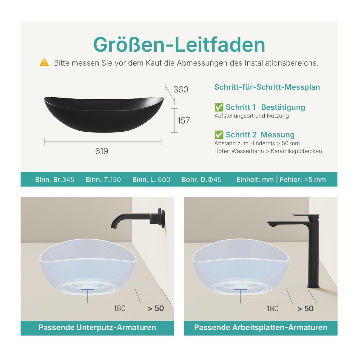 WASCHBECKEN Oval Keramik Mattschwarz 61,5 / 36 / 15,5 cm - Schwarz, Keramik (61.5/15.5/36cm) - EMKE