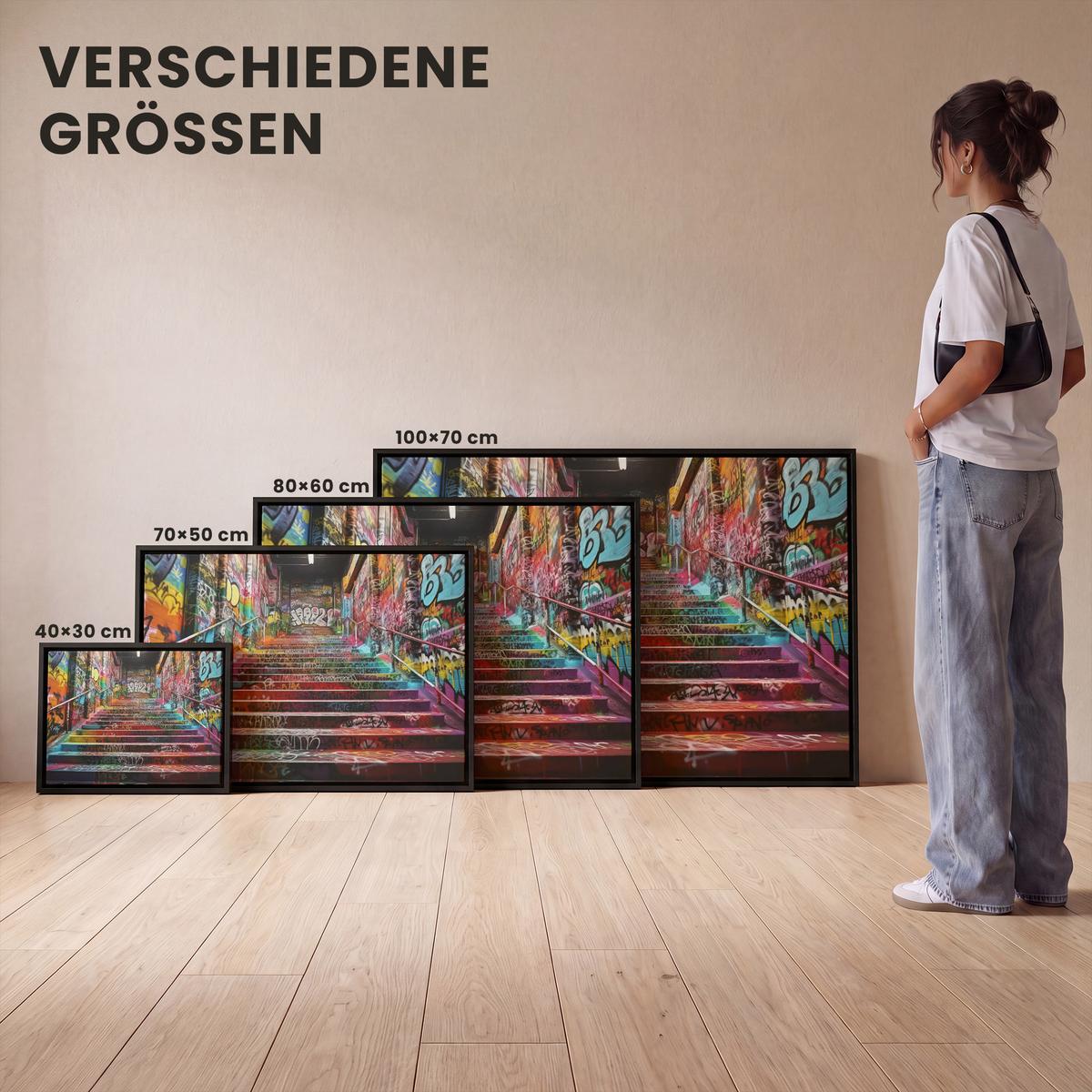 LEINWAND Bilder mit Rahmen - Treppe - Graffiti - Farben - Kunst - 100x70 - Multicolor, Textil (100/70cm) - MuchoWow