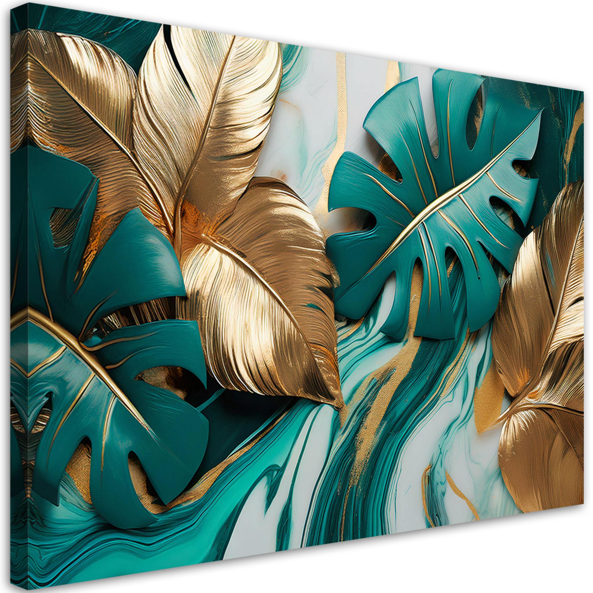 LEINWANDBILD Monstera Leaves Gold Türkis Marmor 120x80cm - Grün, Textil (120/80cm) - Feeby