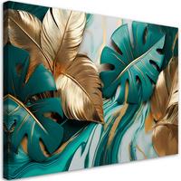 LEINWANDBILD Monstera Leaves Gold Türkis Marmor 120x80cm - Grün, Textil (120/80cm) - Feeby