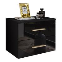 NACHTTISCH LINA II hängend mit goldenen Griffen, Hochglanz, LED - Schwarz, Holzwerkstoff (55/42/37cm) - Lookway