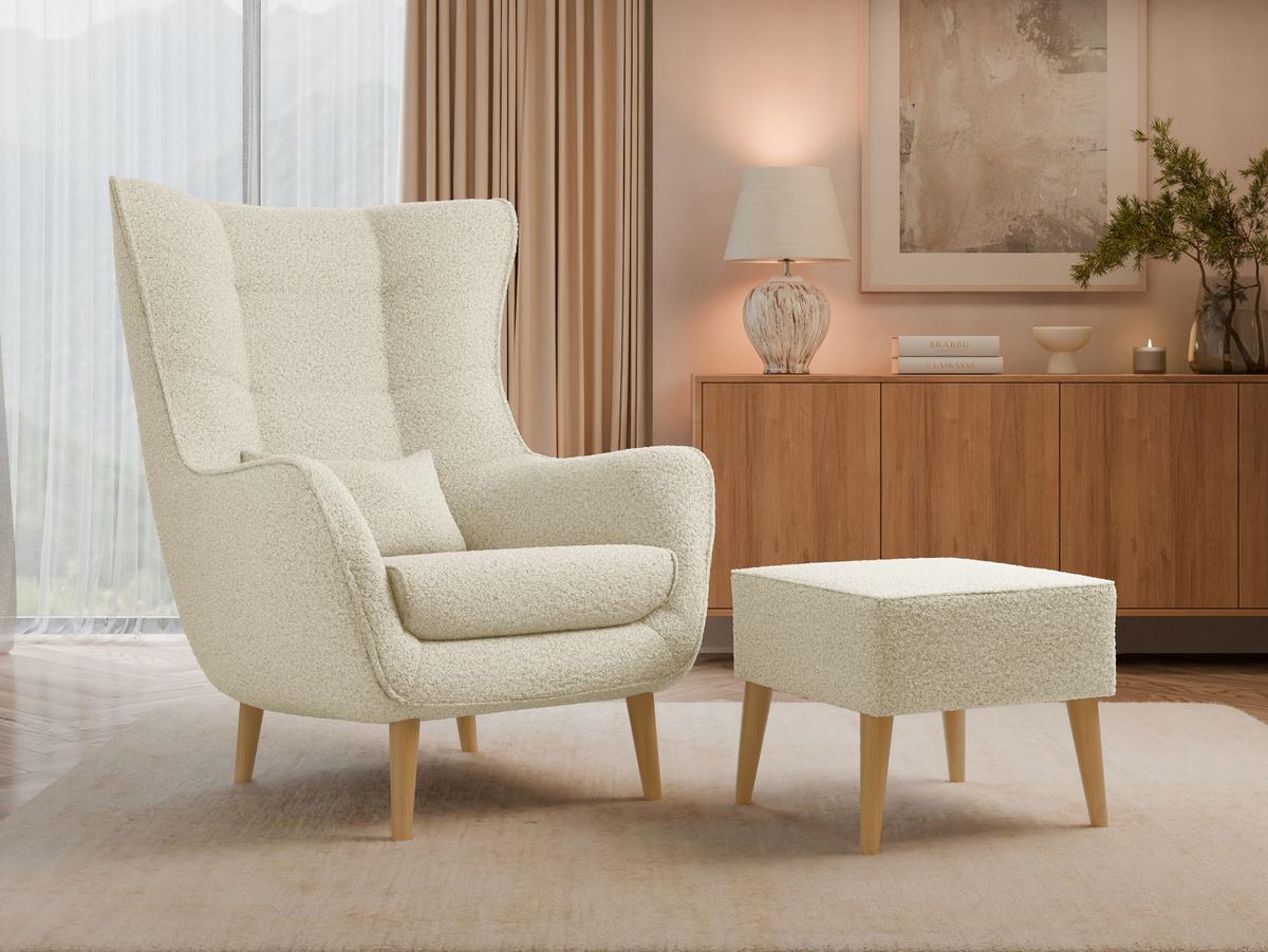 SESSEL Estjano Boucle mit Fußbank - Beige/Naturfarben, Holz/Textil (80/106/95cm) - MIRJAN24