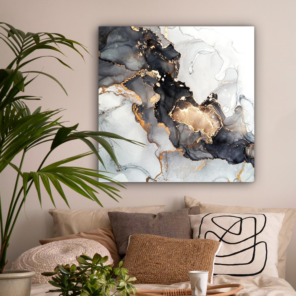 LEINWANDBILD Marmor - Schwarz - Weiß - Gold - Luxus - Abstrakt Deko Groß 90x90 cm - Goldfarben, Textil (90/90cm) - MuchoWow