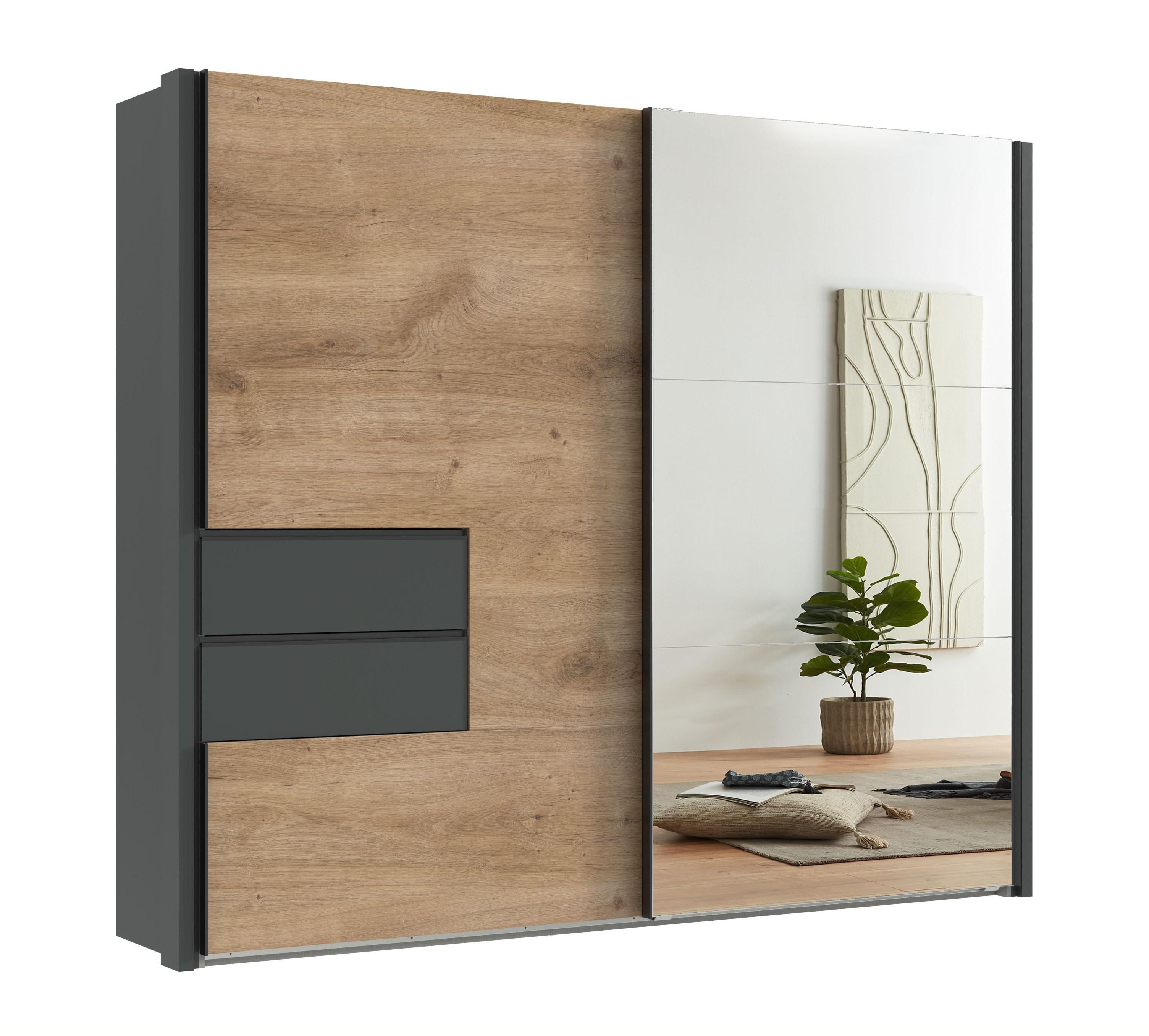 SCHWEBETÜRENSCHRANK 2-türig B262/H216/T65 cm, Korpus&Passepartout&Schubladen Grafit, Türen Eiche Dekor/Spiegel, Kleiderschrank inkl. Vollausst./ 22060 - Eichefarben/Bordeaux, Holzwerkstoff/Metall (262/216/65cm) - luma-home