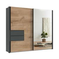 SCHWEBETÜRENSCHRANK 2-türig B262/H216/T65 cm, Korpus&Passepartout&Schubladen Grafit, Türen Eiche Dekor/Spiegel, Kleiderschrank inkl. Vollausst./ 22060 - Eichefarben/Bordeaux, Holzwerkstoff/Metall (262/216/65cm) - luma-home
