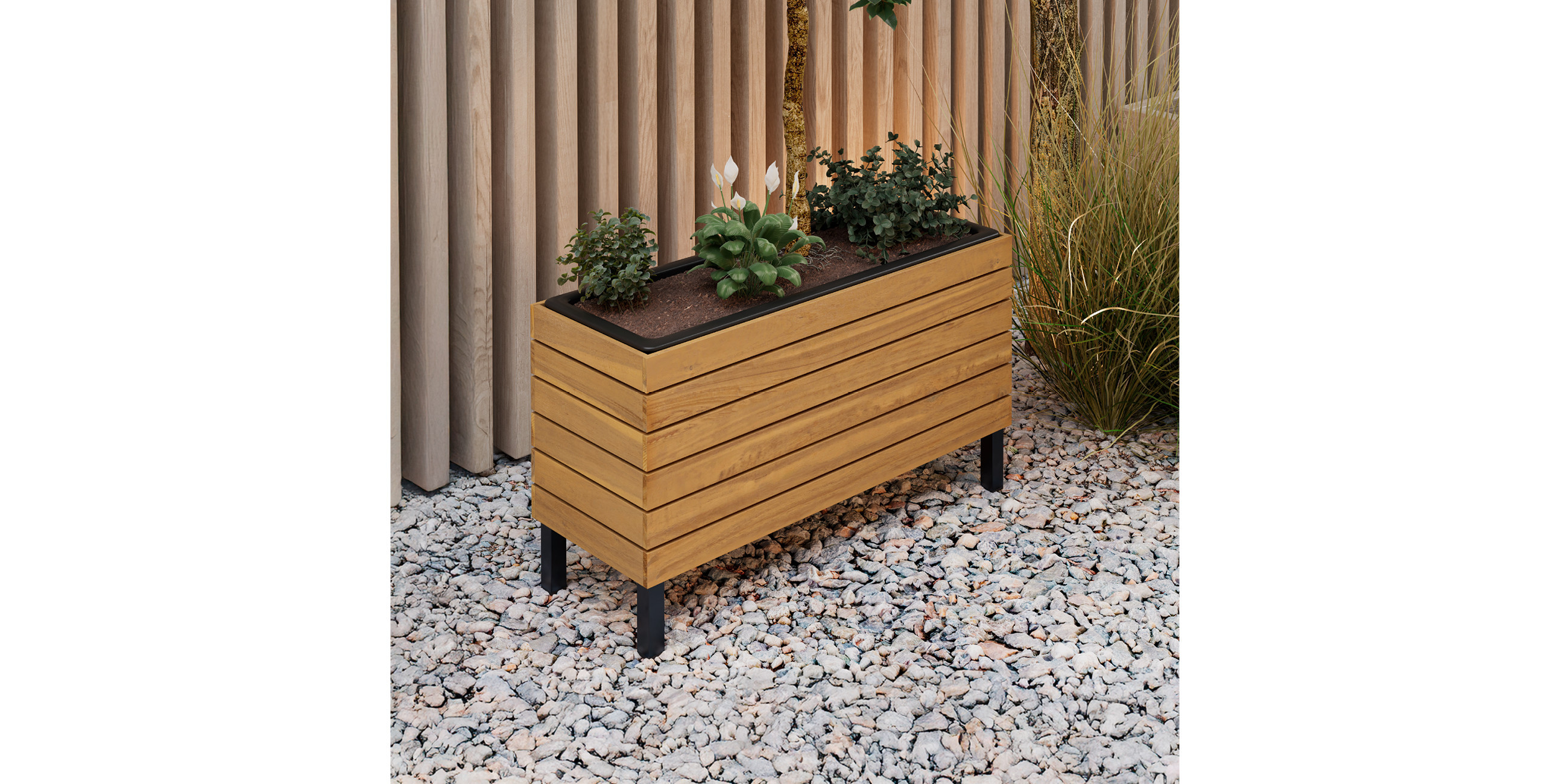 Rechteckiges Blumenbeet auf Schotter