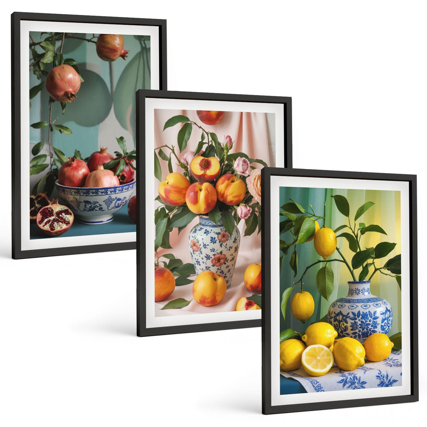 BILDER SET 3er Set - 40x60 cm Schwarzer Rahmen - Granatäpfel, Pfirsiche, Zitronen - Schwarz, Kunststoff (40/60cm) - TULUP