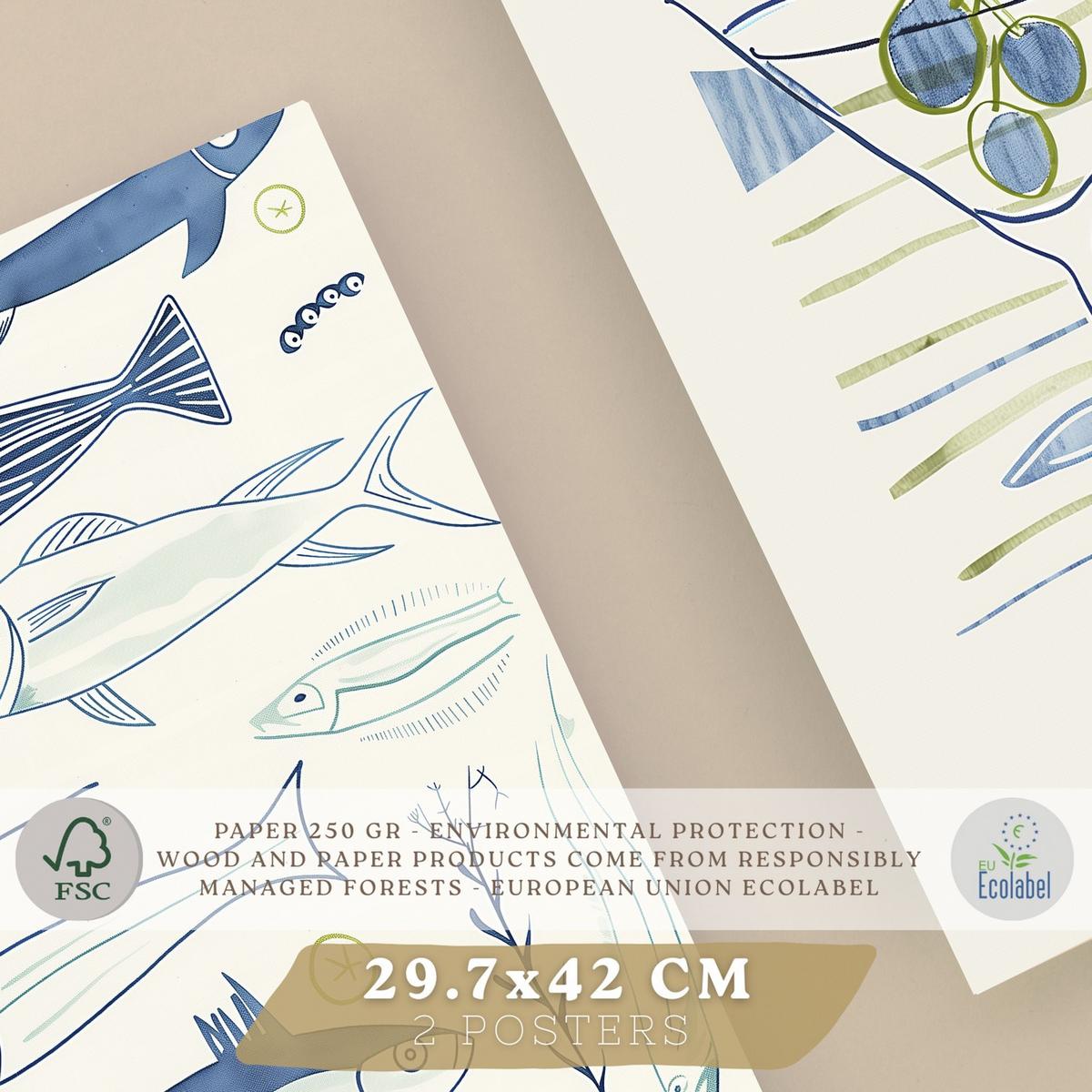 POSTER 2er Set Küchen-Wandbilder Fische Strichzeichnung und Martini Aquarell Minimalistisch Wanddeko Rahmenlos A3 - Klar, Papier (29.7/1/42cm) - Nacnic