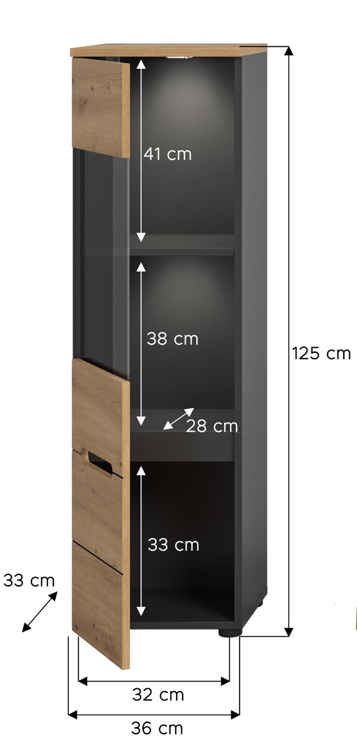 VITRINE Eiche Artisan, grau, Vitrinenschrank hängend / stehend 36 x 125 cm, Soft-Close - Schwarz/Eiche Artisan, Glas/Holzwerkstoff (36/125/33cm) - Inn.Furn