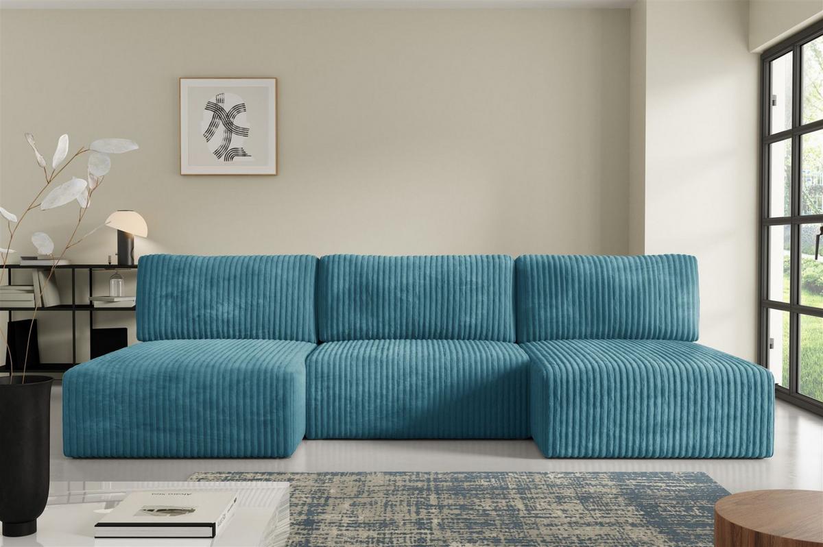 WOHNLANDSCHAFT Natalia - Blau, Holzwerkstoff/Textil (304/85/149cm) - Fun Möbel