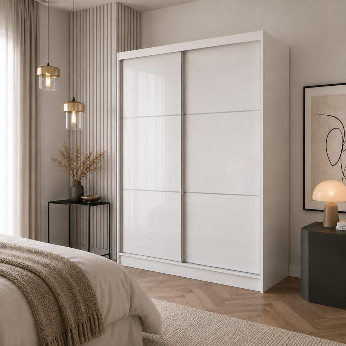 SCHWEBETÜRENSCHRANK Viva 150/216/61 weiß mit Lacobel-Glas und Schubladeneinsätze - Weiß, Holzwerkstoff (150/216/61cm) - Beautysofa