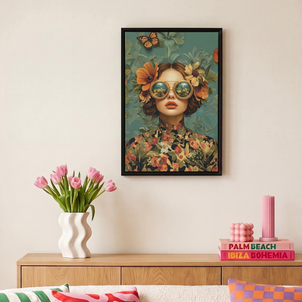 LEINWAND Bilder mit Rahmen - Frau - Blumen - Schmetterlinge - Natur - Vintage - 20x30 - Salbeigrün, Textil (20/30cm) - MuchoWow