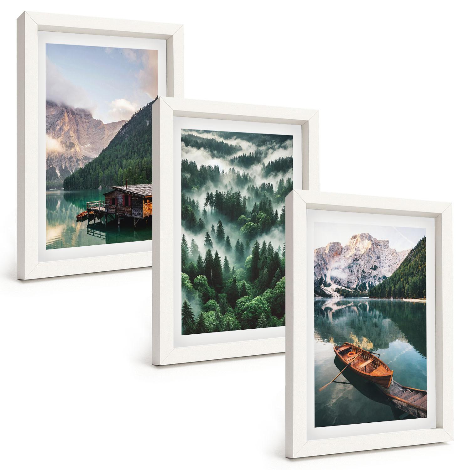 BILDER SET 3er Set - 20x30 cm Weißer Rahmen - Bergsee, Boot, Waldnebel - Weiß, Kunststoff (20/30cm) - TULUP
