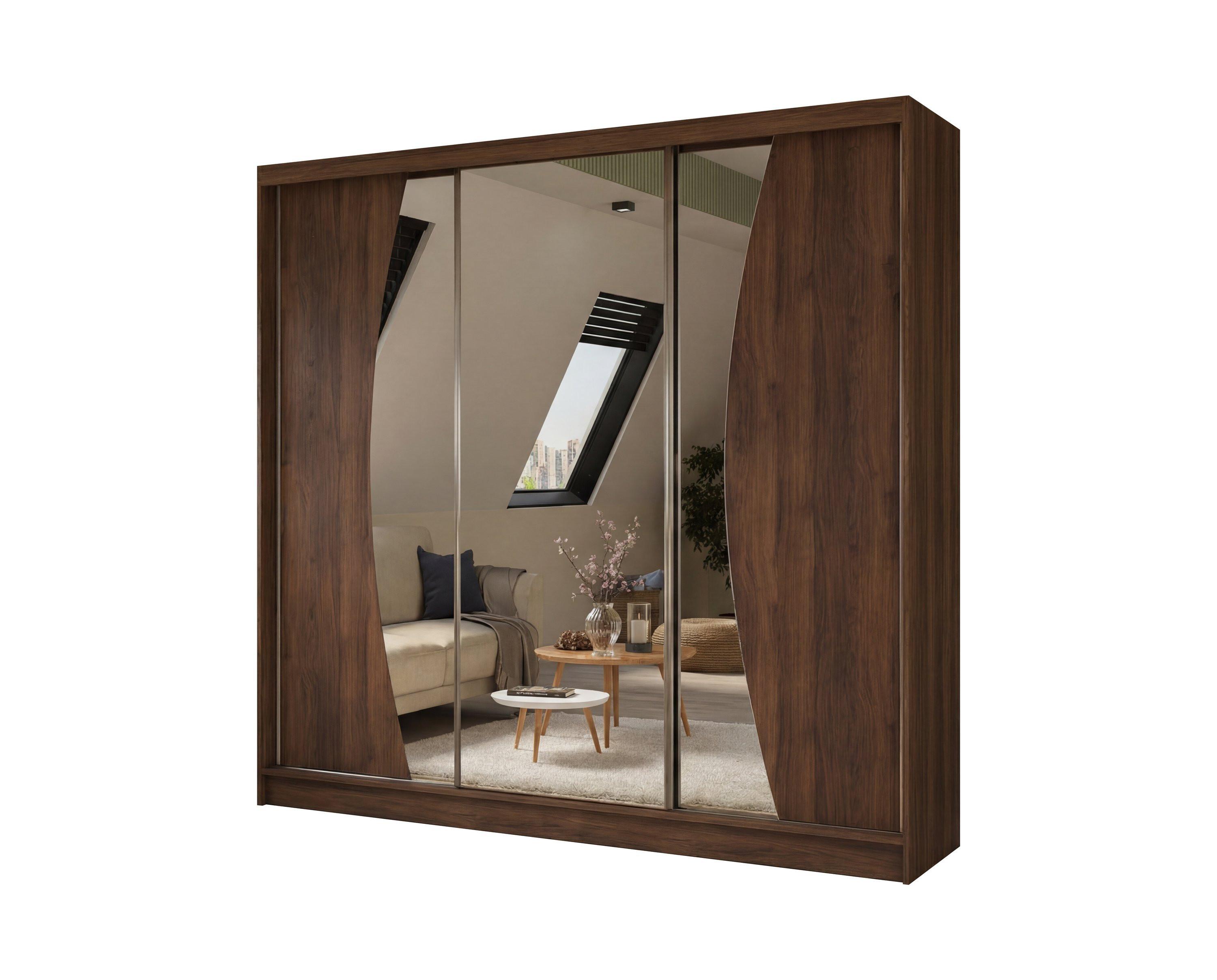 SCHWEBETÜRENSCHRANK VOCE 240/216/61 cm Modern Kleiderschrank 3-türig mit Spiegel Nussbaumfarben - Nussbaumfarben, Holzwerkstoff (240/216/61cm) - MASSENO