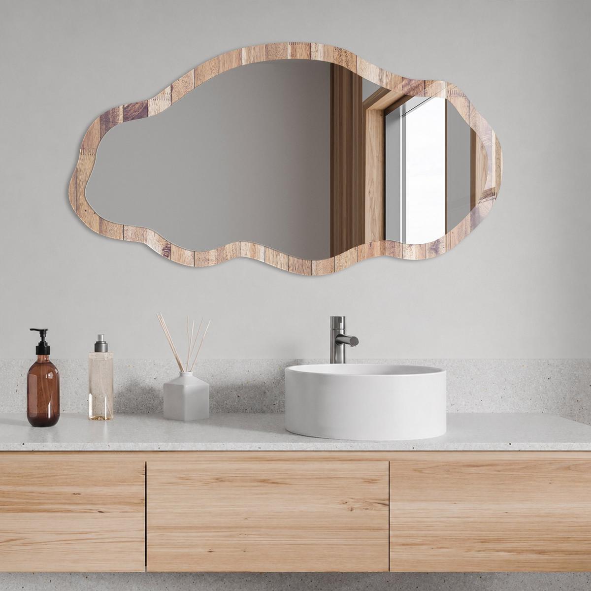 SPIEGEL 90x45 cm asymmetrisch mit Druck - Holzstruktur - Transparent, Glas (45/90/0.4cm) - TULUP