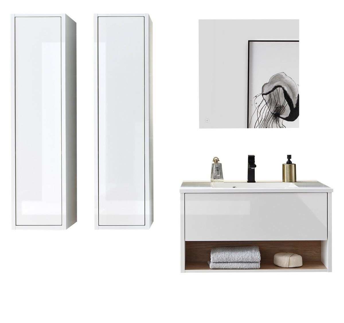 BADMÖBEL-SET weiß Hochglanz, Eiche mit Waschbecken und LED Beleuchtung 160 cm - Weiß Hochglanz/Eichefarben, Glas/Holzwerkstoff (160/190/47cm) - Furn.Design